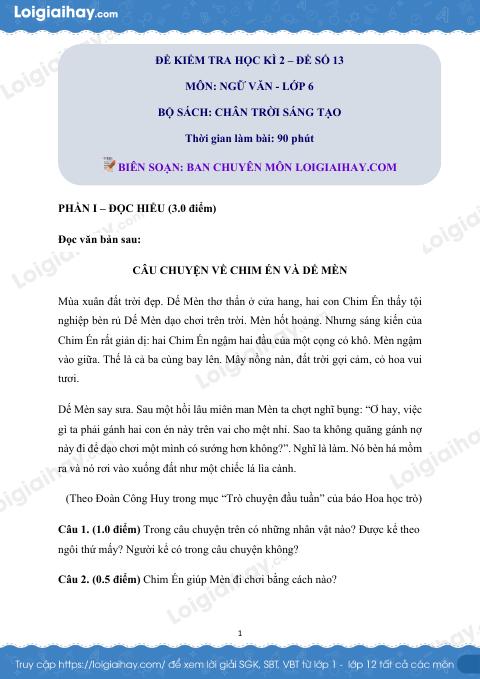 Đề thi học kì 2 Văn 6 Chân trời sáng tạo - Đề số 13